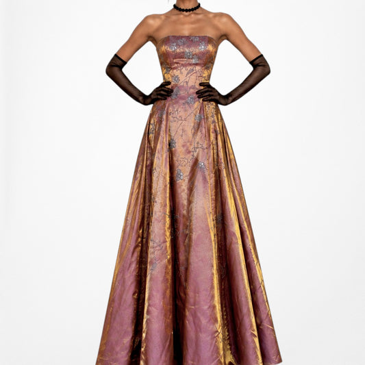 Vintage Y2K Metallic Pink Floral Beaded Flared Strapless Maxi Prom Dress Size XS
