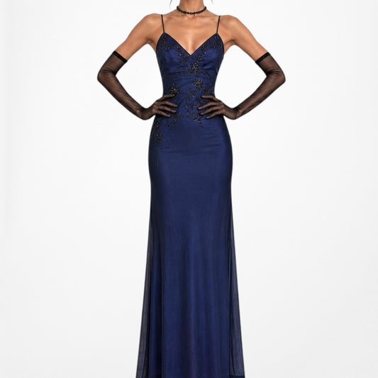 Vintage Blue Floral Beaded Mesh Knit Bodycon Maxi Prom Dress Size S