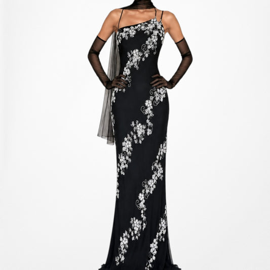 Vintage Black White Floral Beaded One Shoulder Silk Formal Maxi Bodycon Prom Dress Size M