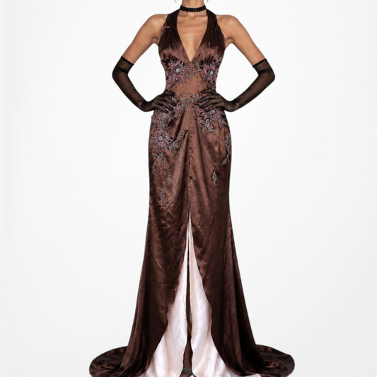 Vintage Y2K Brown Floral Beaded Satin Halter V-Neck Maxi Prom Dress Size M
