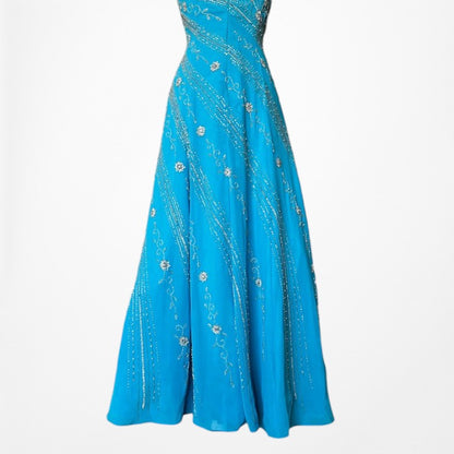 Vintage Y2K 90s Blue Strapless Floral Beaded Flared Formal Maxi Prom Dress M