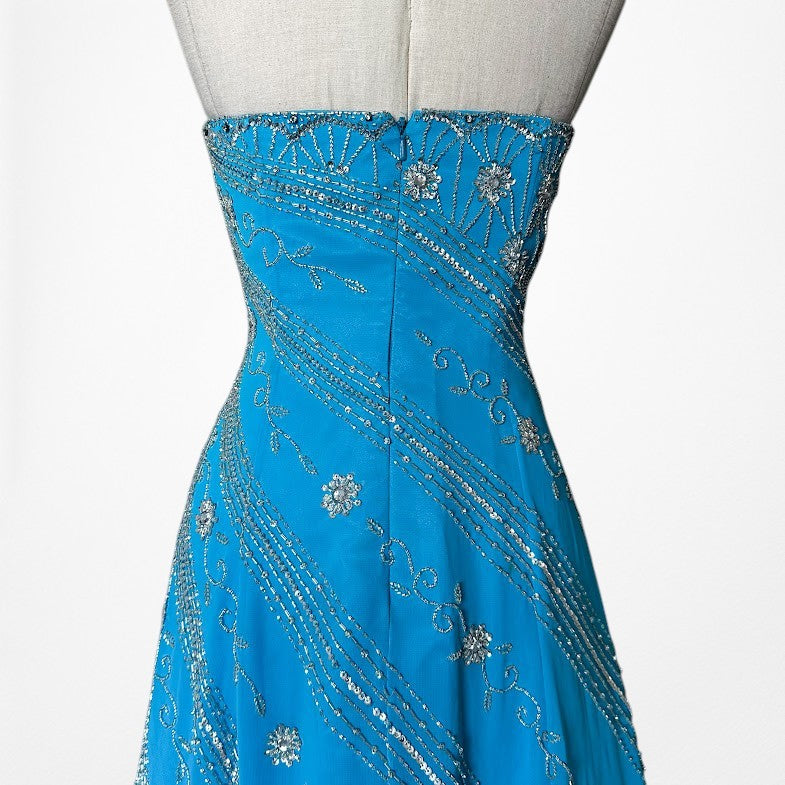 Vintage Y2K 90s Blue Strapless Floral Beaded Flared Formal Maxi Prom Dress M
