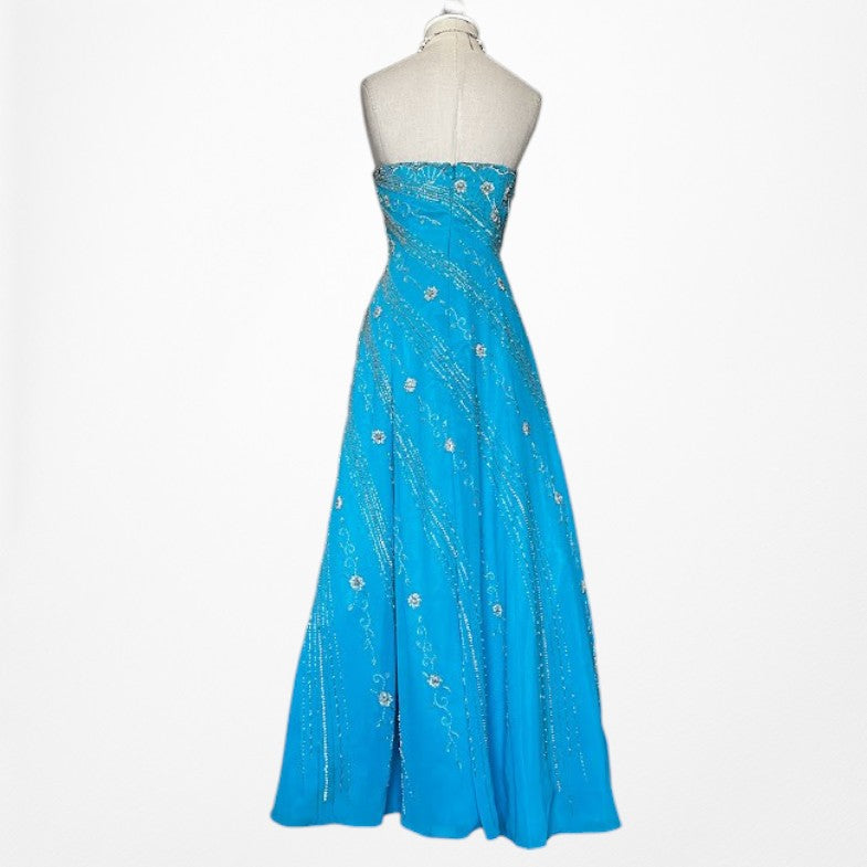 Vintage Y2K 90s Blue Strapless Floral Beaded Flared Formal Maxi Prom Dress M