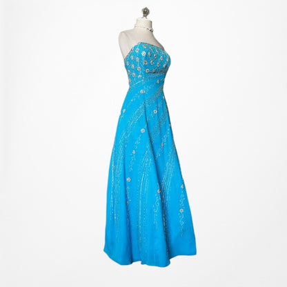 Vintage Y2K 90s Blue Strapless Floral Beaded Flared Formal Maxi Prom Dress M