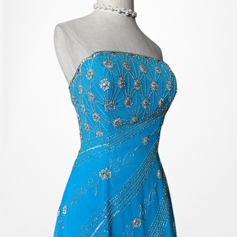 Vintage Y2K 90s Blue Strapless Floral Beaded Flared Formal Maxi Prom Dress M