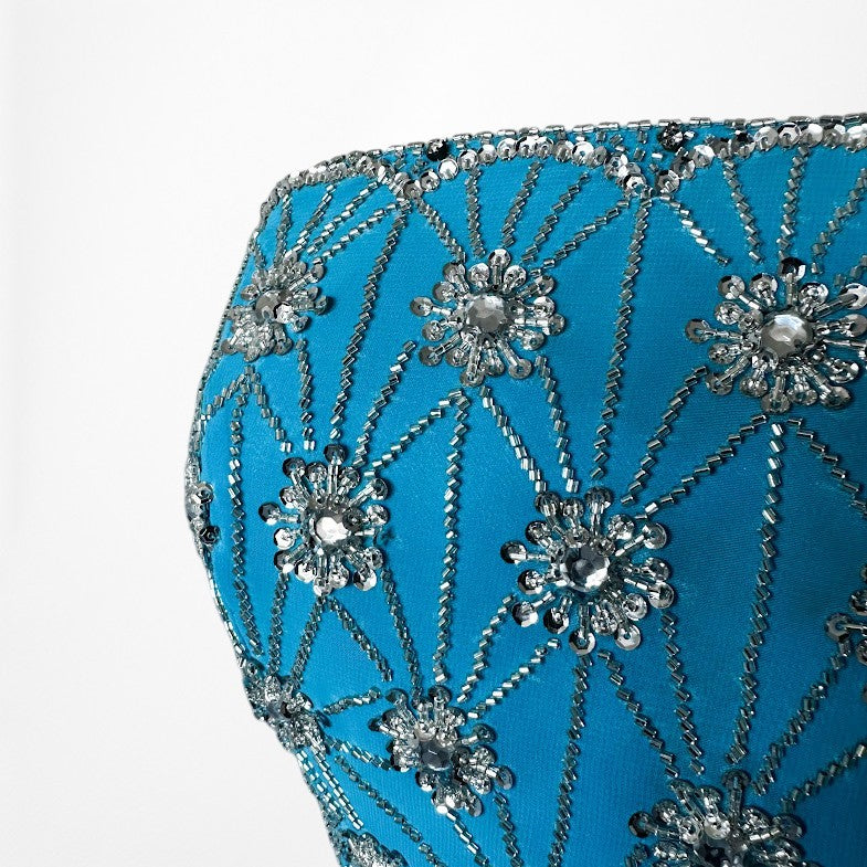 Vintage Y2K 90s Blue Strapless Floral Beaded Flared Formal Maxi Prom Dress M