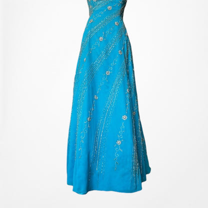 Vintage Y2K 90s Blue Strapless Floral Beaded Flared Formal Maxi Prom Dress M