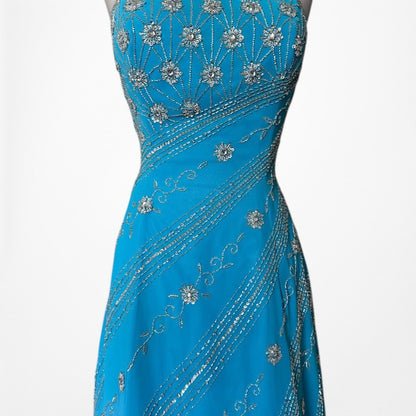 Vintage Y2K 90s Blue Strapless Floral Beaded Flared Formal Maxi Prom Dress M