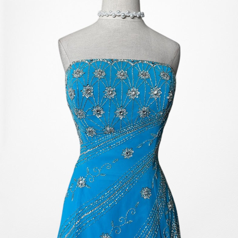 Vintage Y2K 90s Blue Strapless Floral Beaded Flared Formal Maxi Prom Dress M