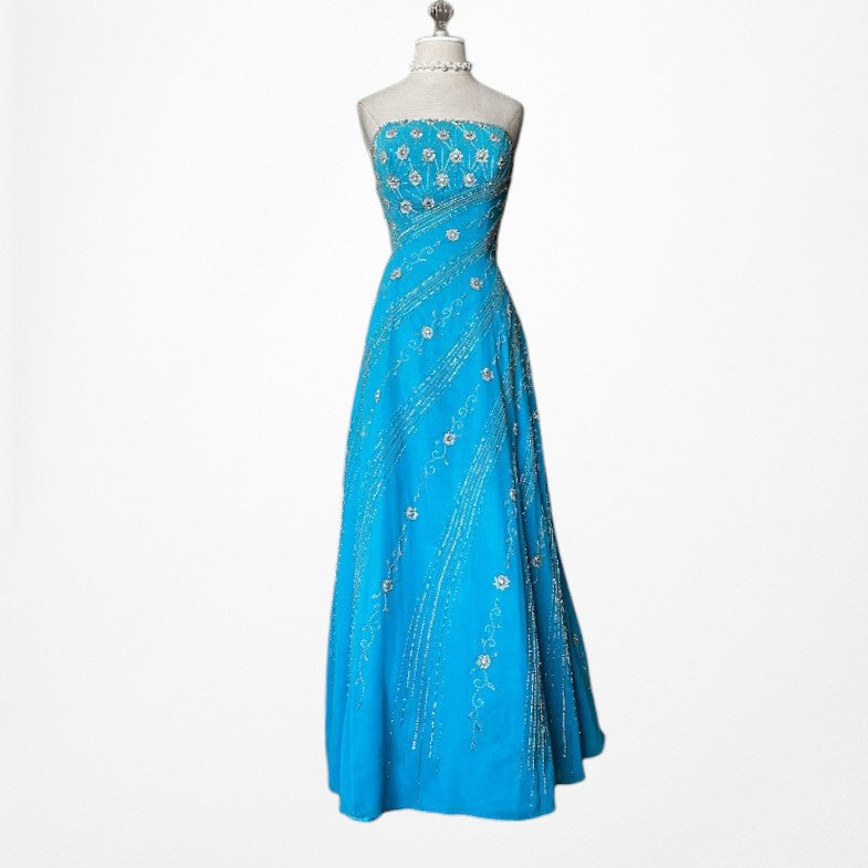Vintage Y2K 90s Blue Strapless Floral Beaded Flared Formal Maxi Prom Dress M