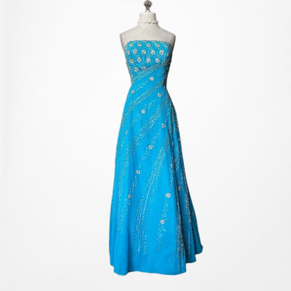 Vintage Y2K 90s Blue Strapless Floral Beaded Flared Formal Maxi Prom Dress M