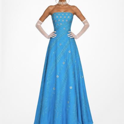 Vintage Y2K 90s Blue Strapless Floral Beaded Flared Formal Maxi Prom Dress M