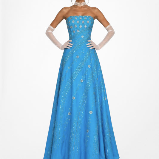 Vintage Y2K 90s Blue Strapless Floral Beaded Flared Formal Maxi Prom Dress M