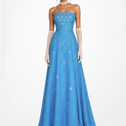 Vintage Y2K 90s Blue Strapless Floral Beaded Flared Formal Maxi Prom Dress M