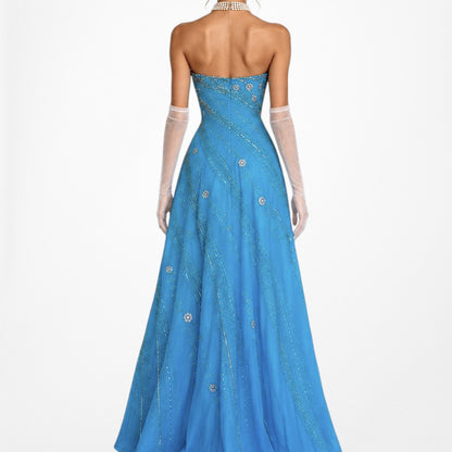 Vintage Y2K 90s Blue Strapless Floral Beaded Flared Formal Maxi Prom Dress M