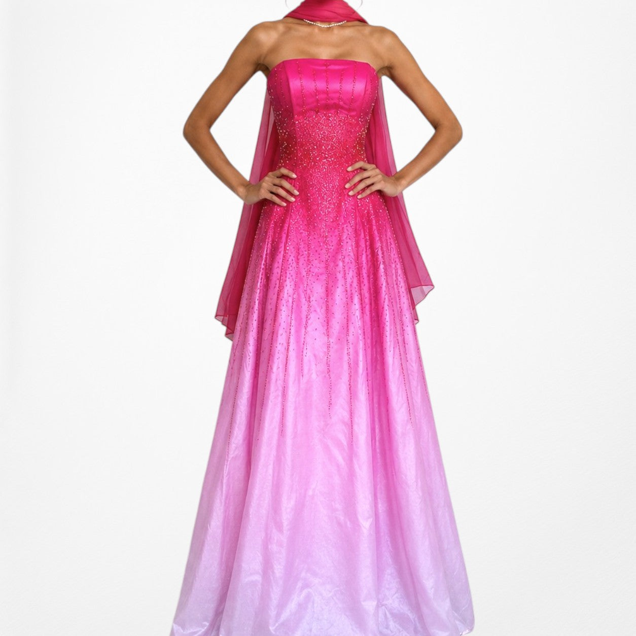 Vintage Y2K 90s Pink Silk Strapless Beaded Flared Ombre Maxi Prom Dress Size XS