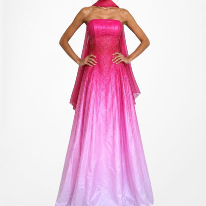 Vintage Y2K 90s Pink Silk Strapless Beaded Flared Ombre Maxi Prom Dress Size XS