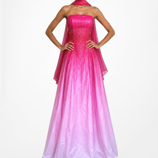 Vintage Y2K 90s Pink Silk Strapless Beaded Flared Ombre Maxi Prom Dress Size XS