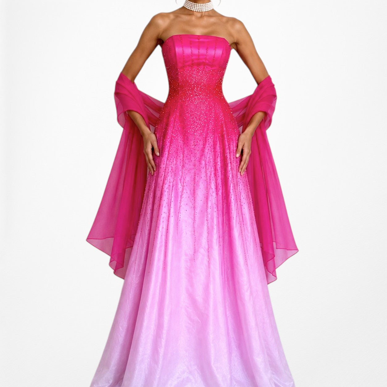Vintage Y2K 90s Pink Silk Strapless Beaded Flared Ombre Maxi Prom Dress Size XS