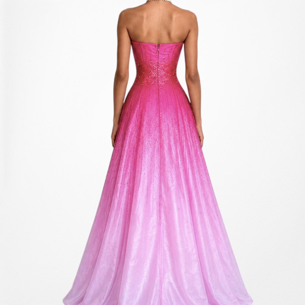 Vintage Y2K 90s Pink Silk Strapless Beaded Flared Ombre Maxi Prom Dress Size XS