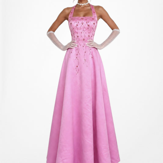 Vintage Y2K Pink Floral Beaded Satin Halter Flared Maxi Formal Prom Dress Size S