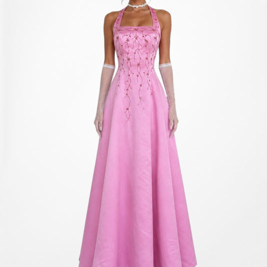 Vintage Y2K Pink Floral Beaded Satin Halter Flared Maxi Formal Prom Dress Size S