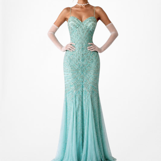 Vintage Y2K Pastel Blue Beaded Mesh A-Line Formal Maxi Prom Dress Size M