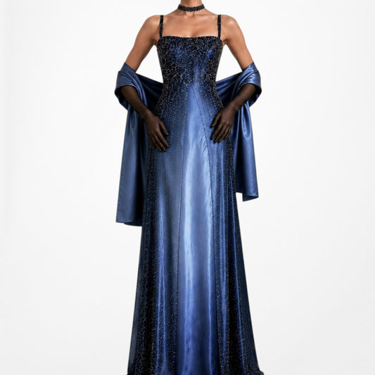 Vintage Y2K 90s Blue Satin Ombre Beaded Babydoll Prom Formal Maxi Dress Size M