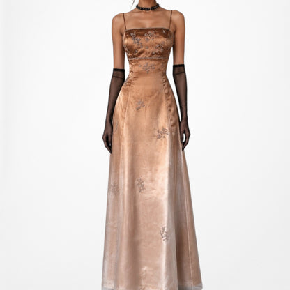 Vintage Y2K 90s Brown Floral Beaded Organza Flared Ombre Maxi Prom Dress XS/S