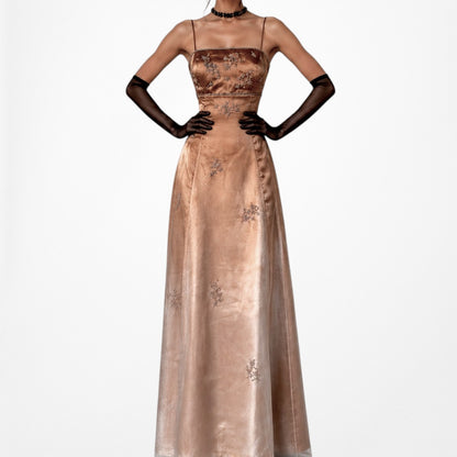 Vintage Y2K 90s Brown Floral Beaded Organza Flared Ombre Maxi Prom Dress XS/S