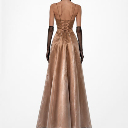 Vintage Y2K 90s Brown Floral Beaded Organza Flared Ombre Maxi Prom Dress XS/S