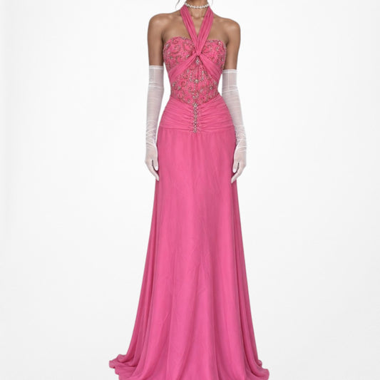 Vintage Y2K Barbie Pink Beaded Sequin Halter Flared Maxi Prom Gown Dress Size M