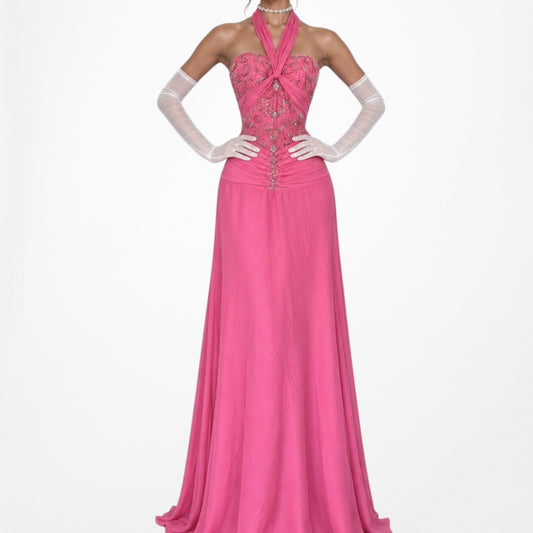 Vintage Y2K Barbie Pink Beaded Sequin Halter Flared Maxi Prom Gown Dress Size M