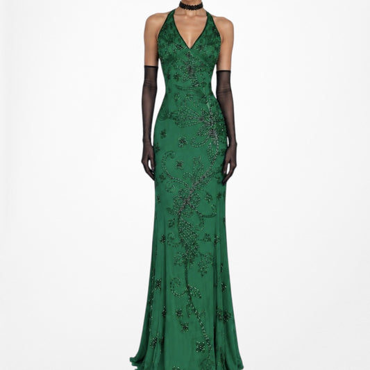 Vintage Y2K Green Floral Beaded Halter V-Neck Silk Maxi Formal Prom Dress Size S
