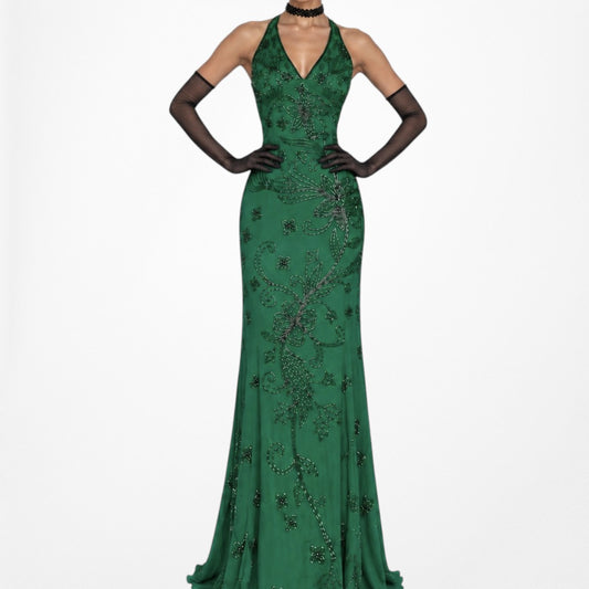 Vintage Y2K Green Floral Beaded Halter V-Neck Silk Maxi Formal Prom Dress Size S