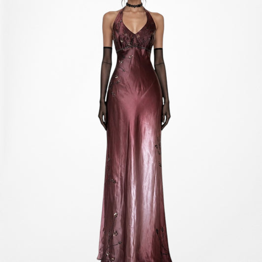 Vintage Y2K Brown Plum Halter Neck Floral Beaded Ombre Satin Maxi Dress Size S