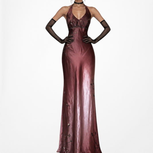 Vintage Y2K Brown Plum Halter Neck Floral Beaded Ombre Satin Maxi Dress Size S