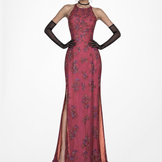 Vintage Y2K Floral Beaded Double Slits Silk Bodycon Maxi Prom Dress Size S