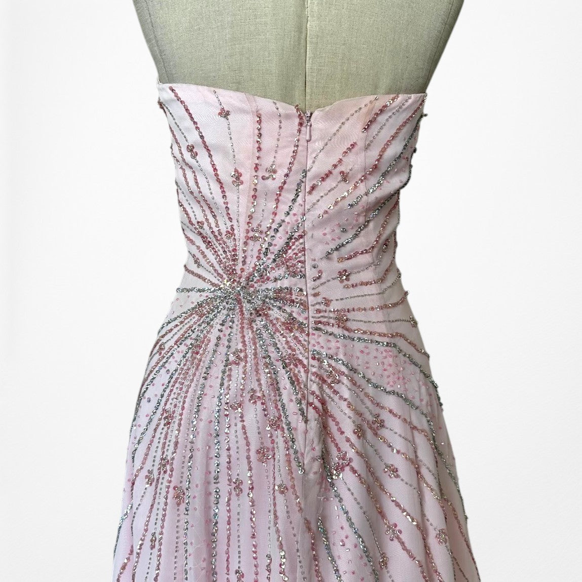 Vintage Y2K Pastel Pink Beaded Strapless A-Line Flared Maxi Prom Dress Size S/M