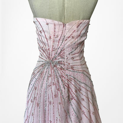 Vintage Y2K Pastel Pink Beaded Strapless A-Line Flared Maxi Prom Dress Size S/M