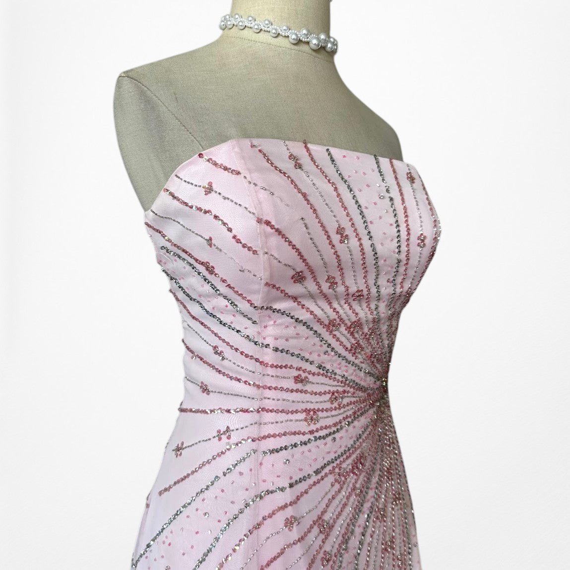 Vintage Y2K Pastel Pink Beaded Strapless A-Line Flared Maxi Prom Dress Size S/M
