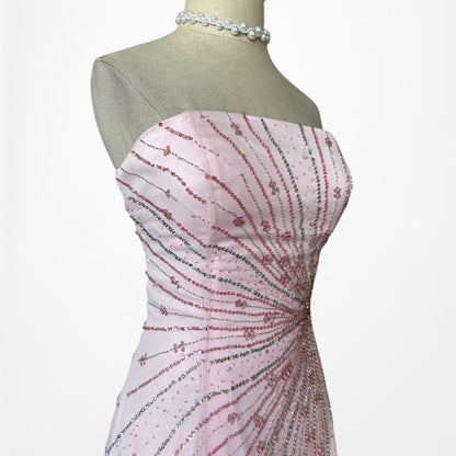 Vintage Y2K Pastel Pink Beaded Strapless A-Line Flared Maxi Prom Dress Size S/M