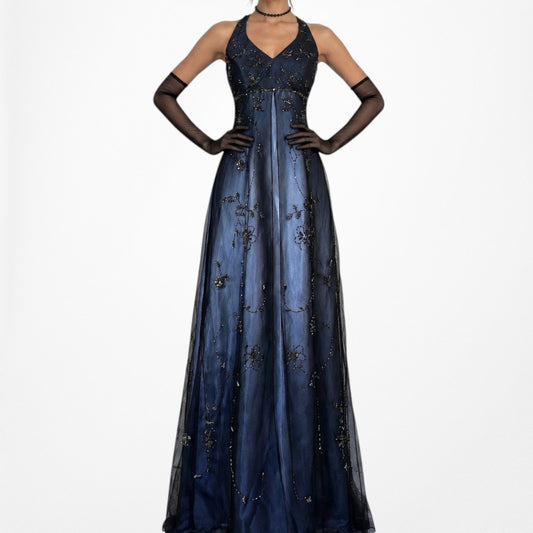 Vintage Y2K 90s Blue Floral Beaded Mesh Satin Babydoll Maxi Prom Dress Size S