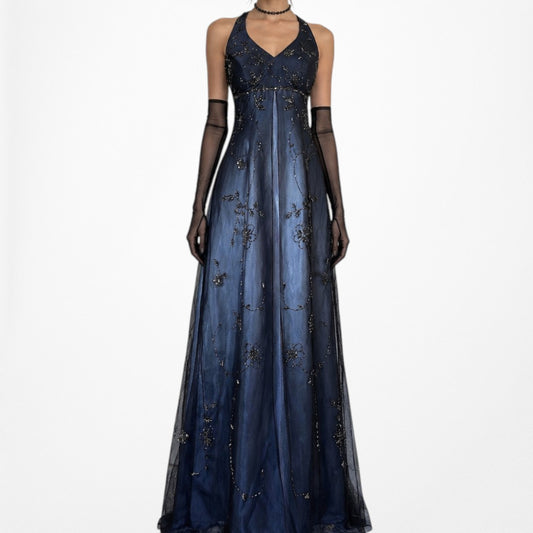 Vintage Y2K 90s Blue Floral Beaded Mesh Satin Babydoll Maxi Prom Dress Size S