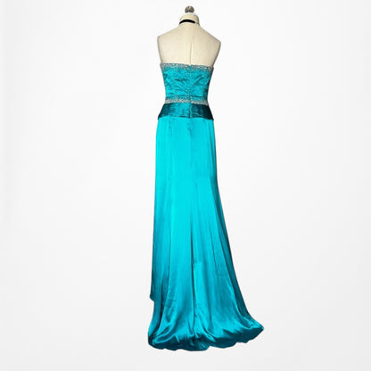 Vintage Y2K Blue Silk Beaded Strapless Ruffle Side Slit Maxi Prom Dress Size S