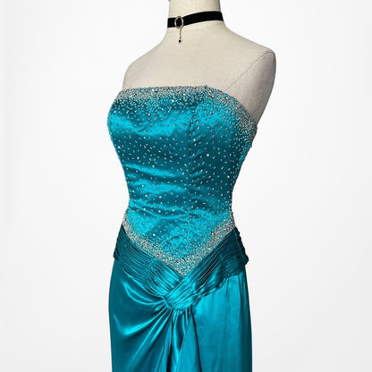 Vintage Y2K Blue Silk Beaded Strapless Ruffle Side Slit Maxi Prom Dress Size S