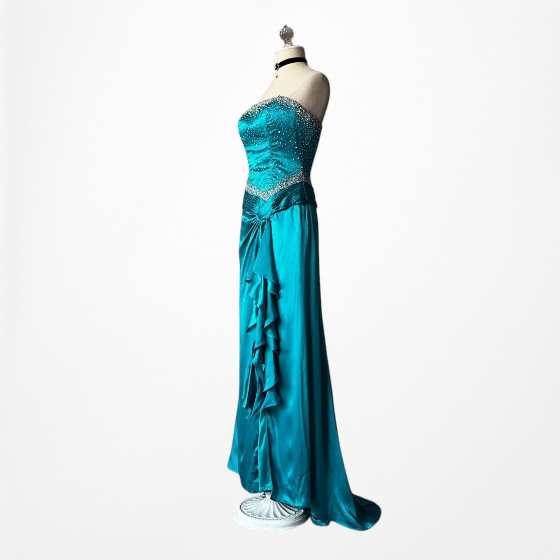 Vintage Y2K Blue Silk Beaded Strapless Ruffle Side Slit Maxi Prom Dress Size S