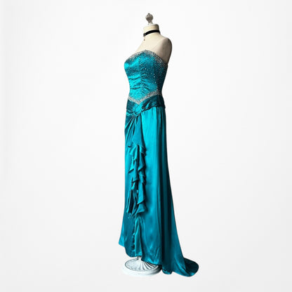 Vintage Y2K Blue Silk Beaded Strapless Ruffle Side Slit Maxi Prom Dress Size S