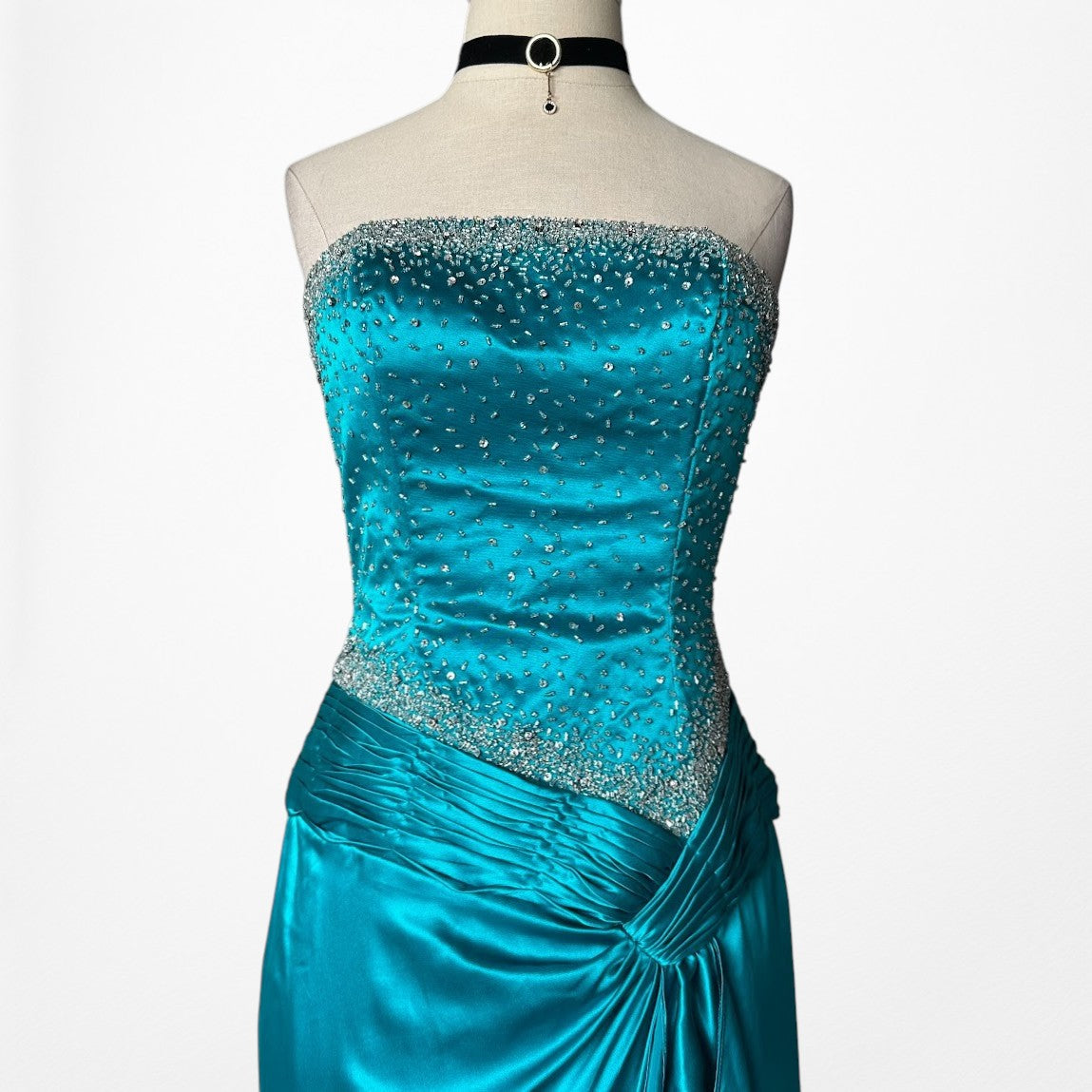Vintage Y2K Blue Silk Beaded Strapless Ruffle Side Slit Maxi Prom Dress Size S