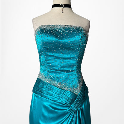 Vintage Y2K Blue Silk Beaded Strapless Ruffle Side Slit Maxi Prom Dress Size S